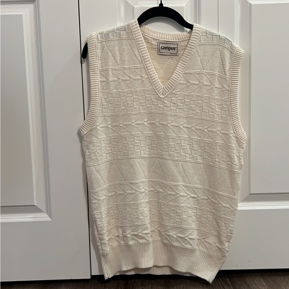 Vintage Campus Cream Acrylic Knit V Neck Sweater Vest size Large